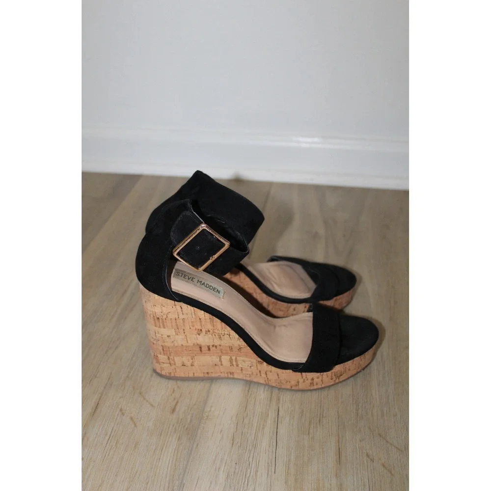 Steve Madden Visible Black Suede Cork Platform Wedge Sandals Women Size 8M